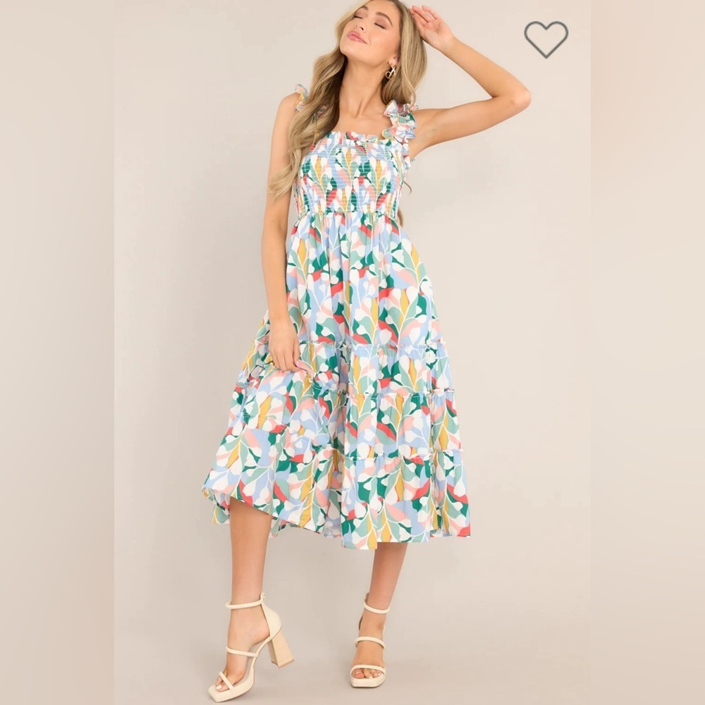 NEW Blue Multi Print Smocked Midi Dress